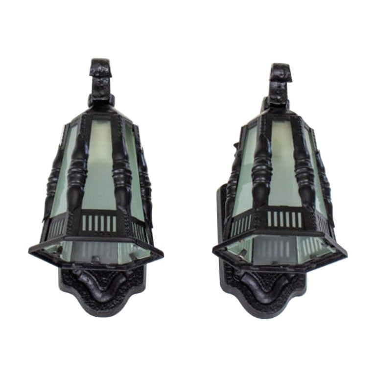 Early 20th Century Black Exterior Lantern Sconces – A pair