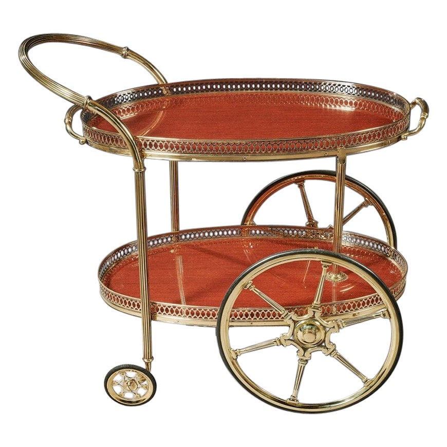 Chariot de bar ovale en laiton français du milieu du 20e siècle avec plateau amovible