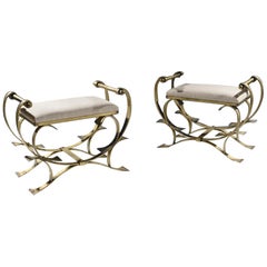 Pair of Mid-20th Century Spanish Gilt Metal and Linen Stools
