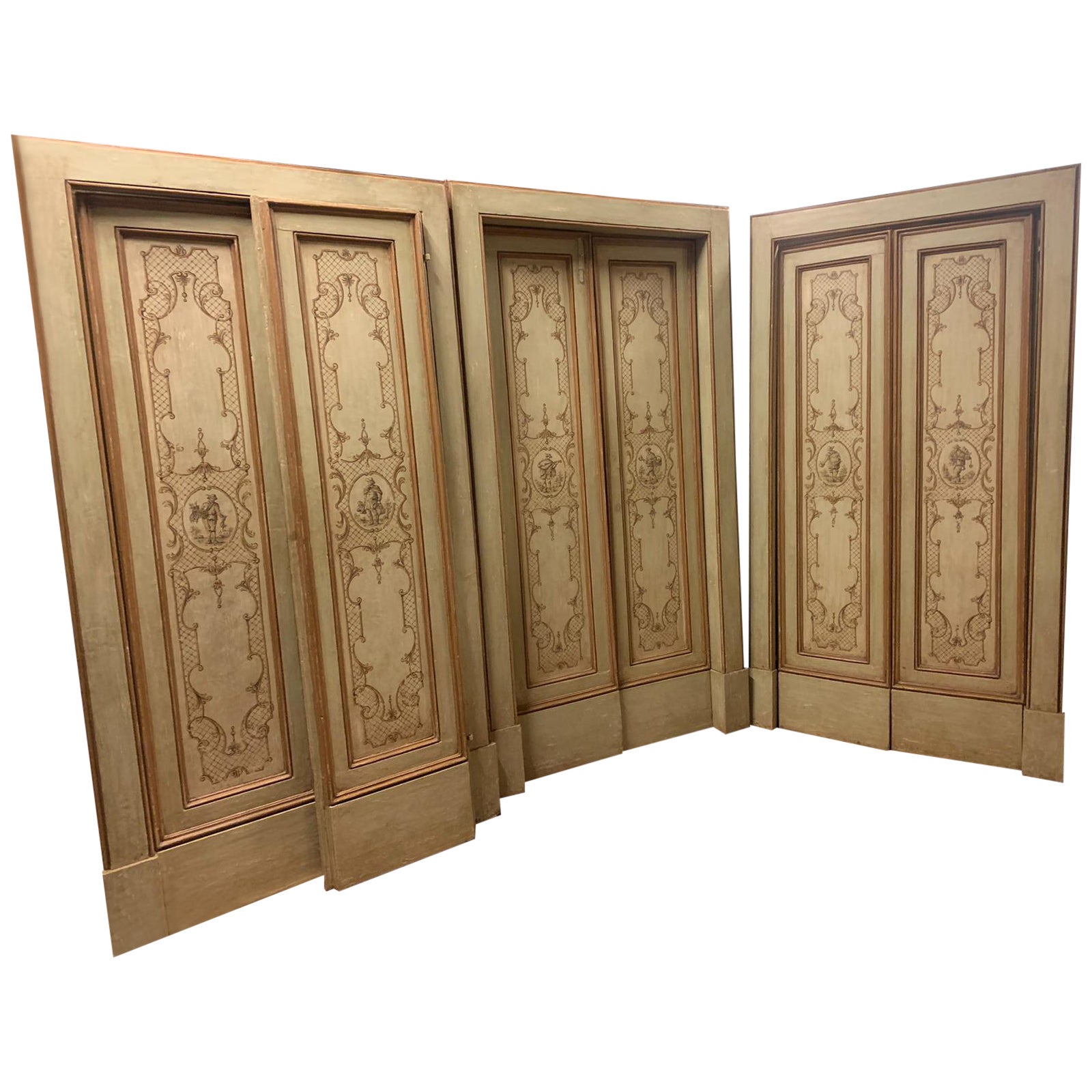 Set of 3 Antique Painted Double Doors with Original Frame, 18th Century Italy For Sale