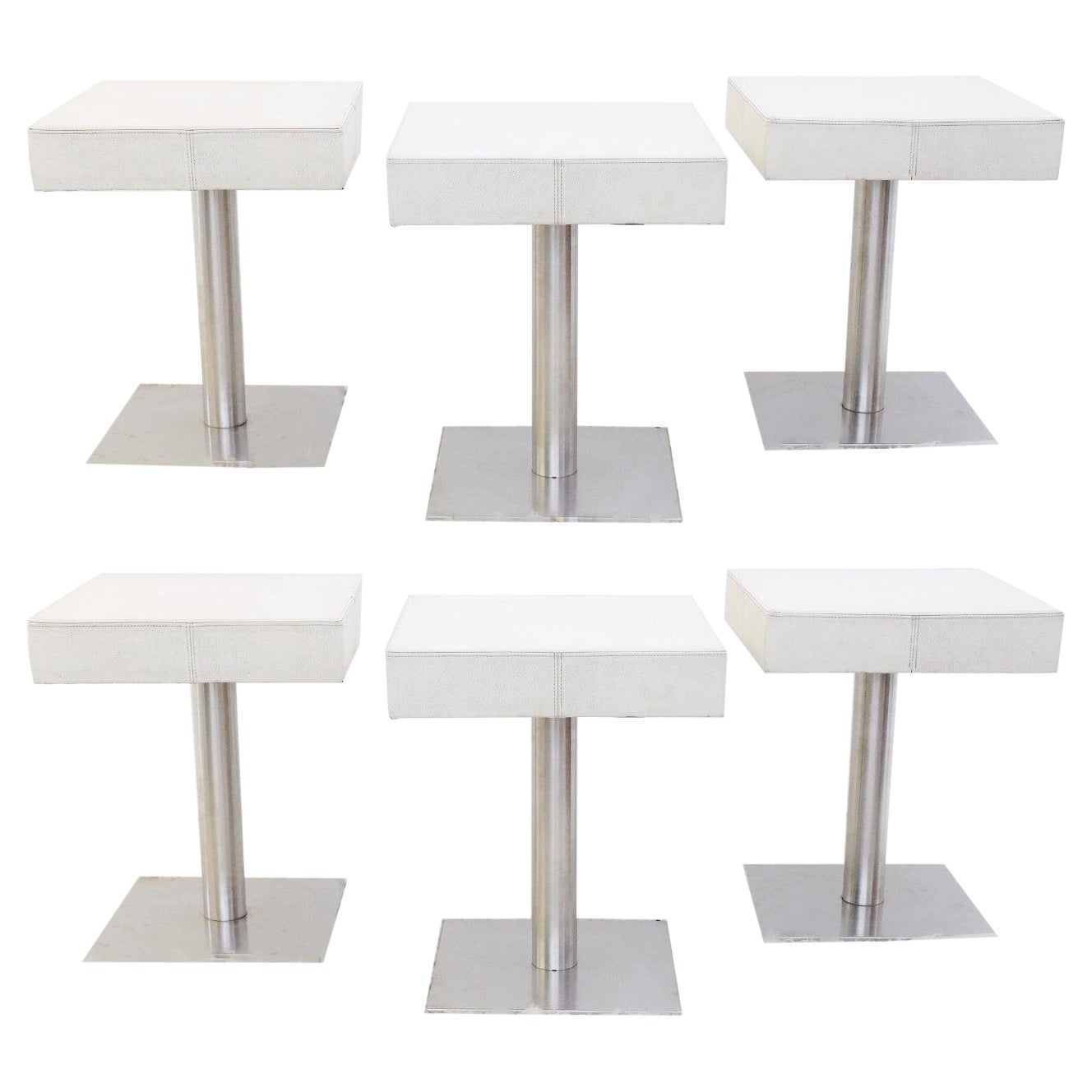 Set of 6 Chrome and White Leather Stools 