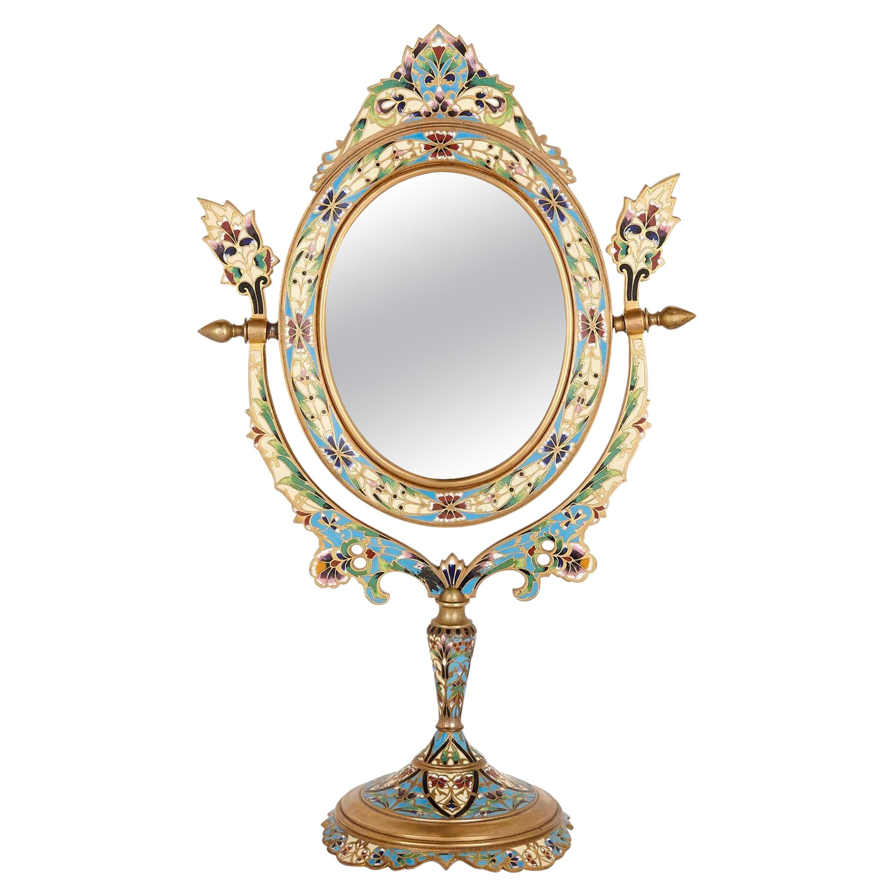 Antique French Cloisonné Enamel and Gilt Metal Table Mirror