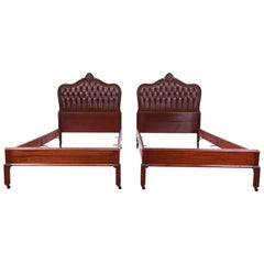 French Provincial Louis XV Mahogany and Tufted Leather Twin Beds, Pair
