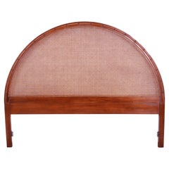 Vintage Mid-Century Modern Walnut, Cane, and Faux Bamboo Arched King Headboard, 1960s