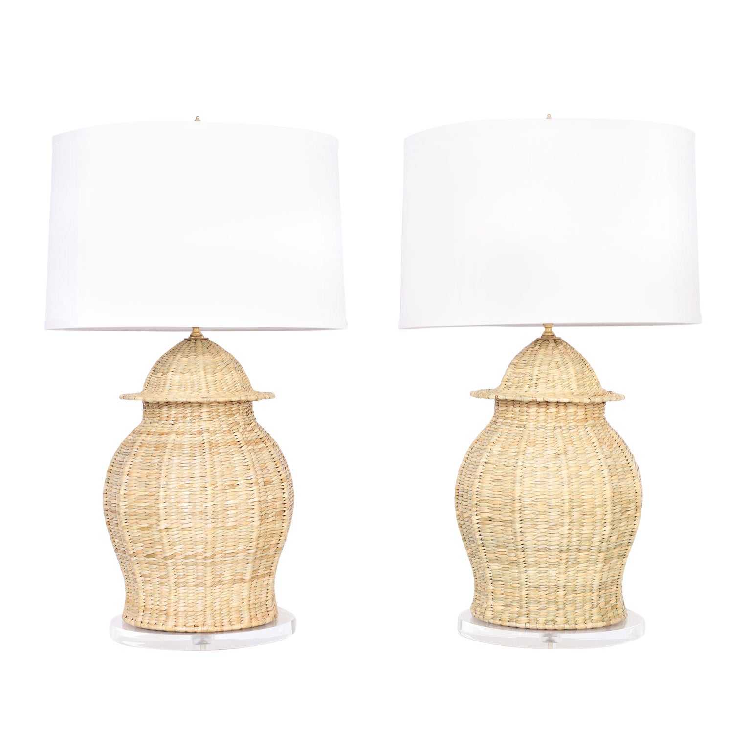 Pair of Wicker or Reed Ginger Jar Form Table Lamps