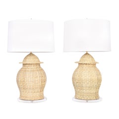 Pair of Wicker or Reed Ginger Jar Form Table Lamps