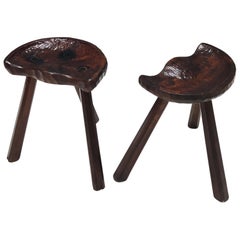 Pair of Vintage Sculptural Solid Walnut Low Stools, Italy