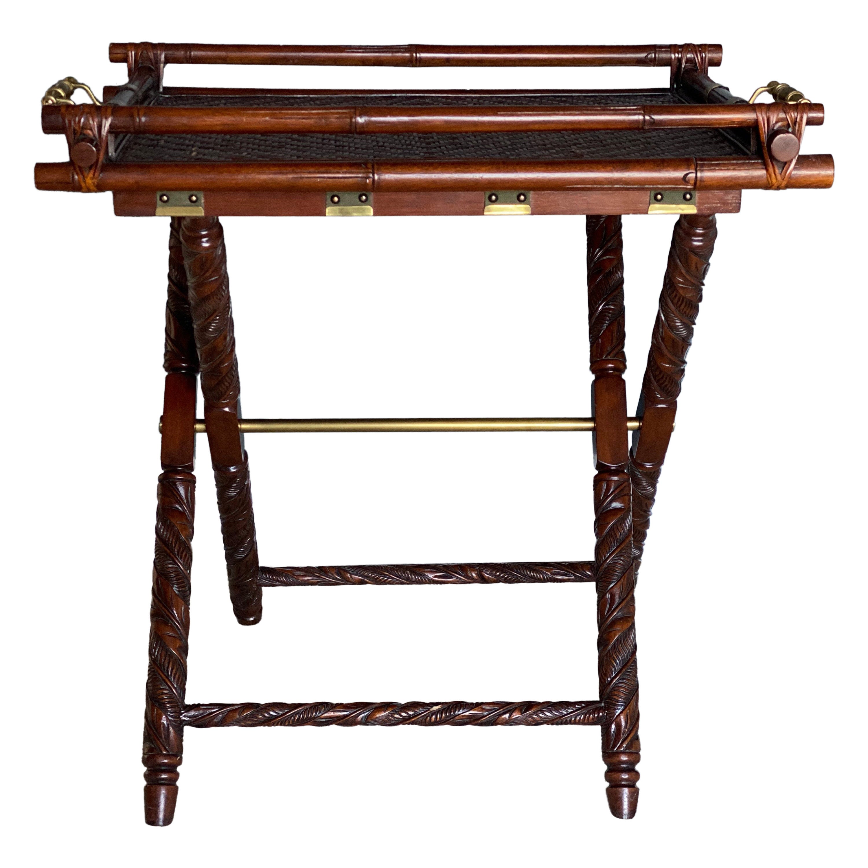 British Colonial Style Mahogany, Bamboo, & Rattan Butler Tray Table on Stand