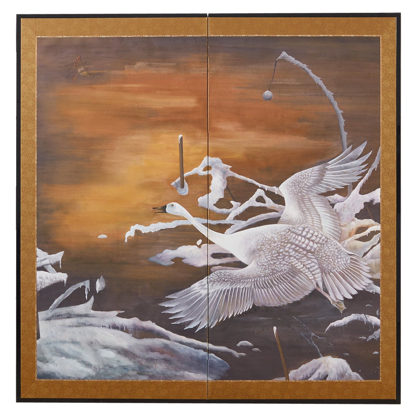 Japanese Style Two-Panel Screen Winter Goose in Flight For Sale