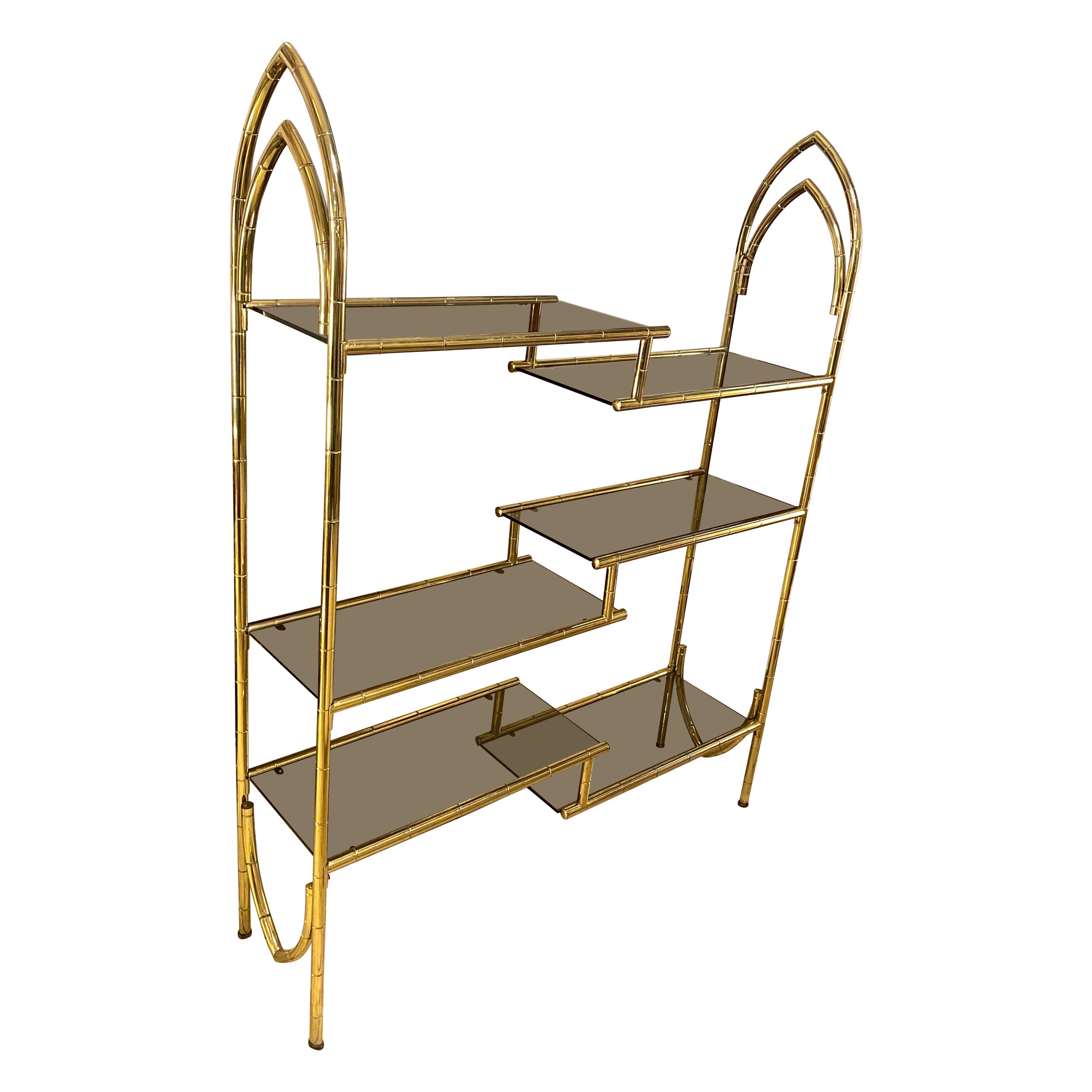 1970s Mid-Century Modern Brass and Smoked Glass Italian Bookcase For Sale