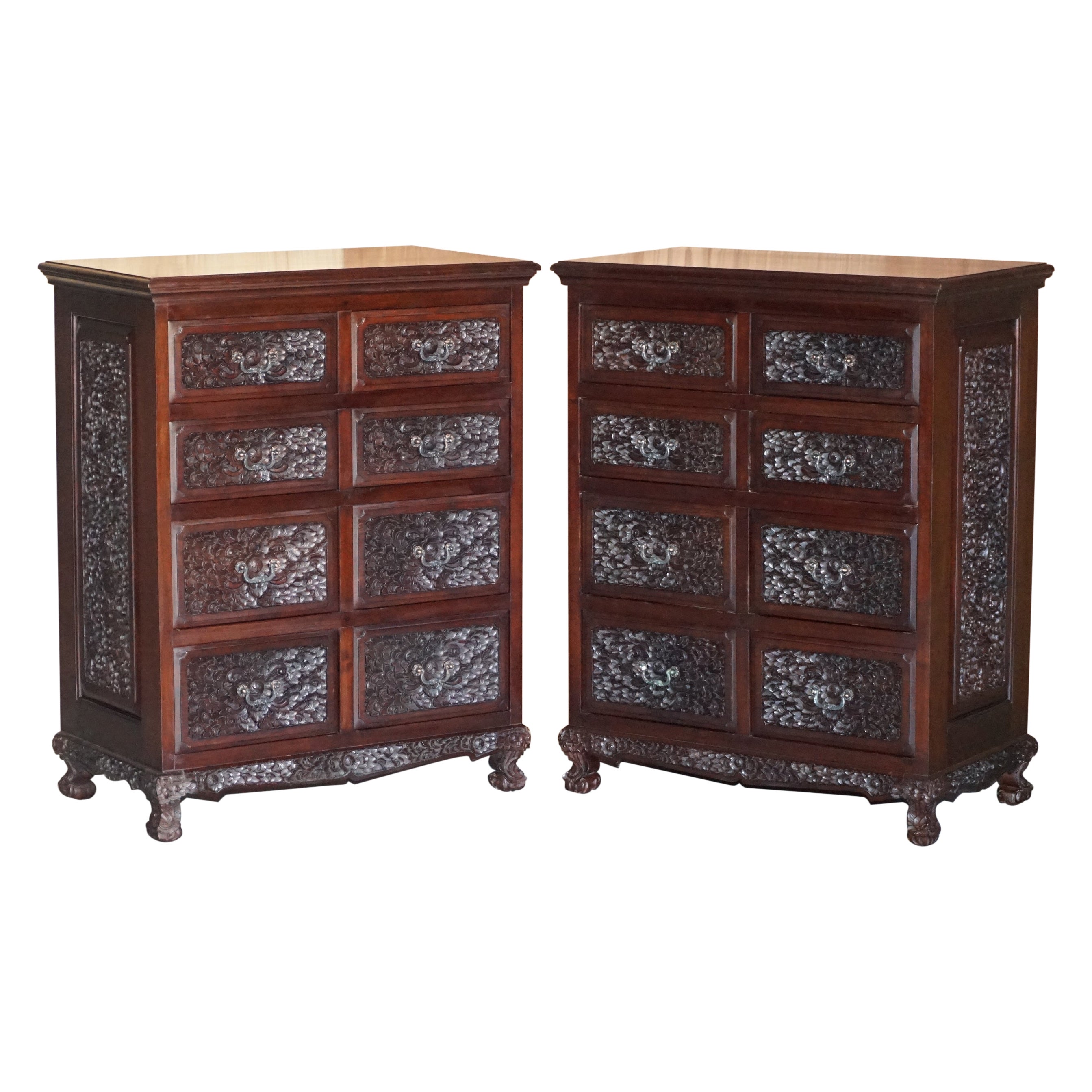 PAIR OF HEAVILY CARVED VINTAGE INDIAN HARDWOOD CHESTS OF DRAWERS PART SUiTE
