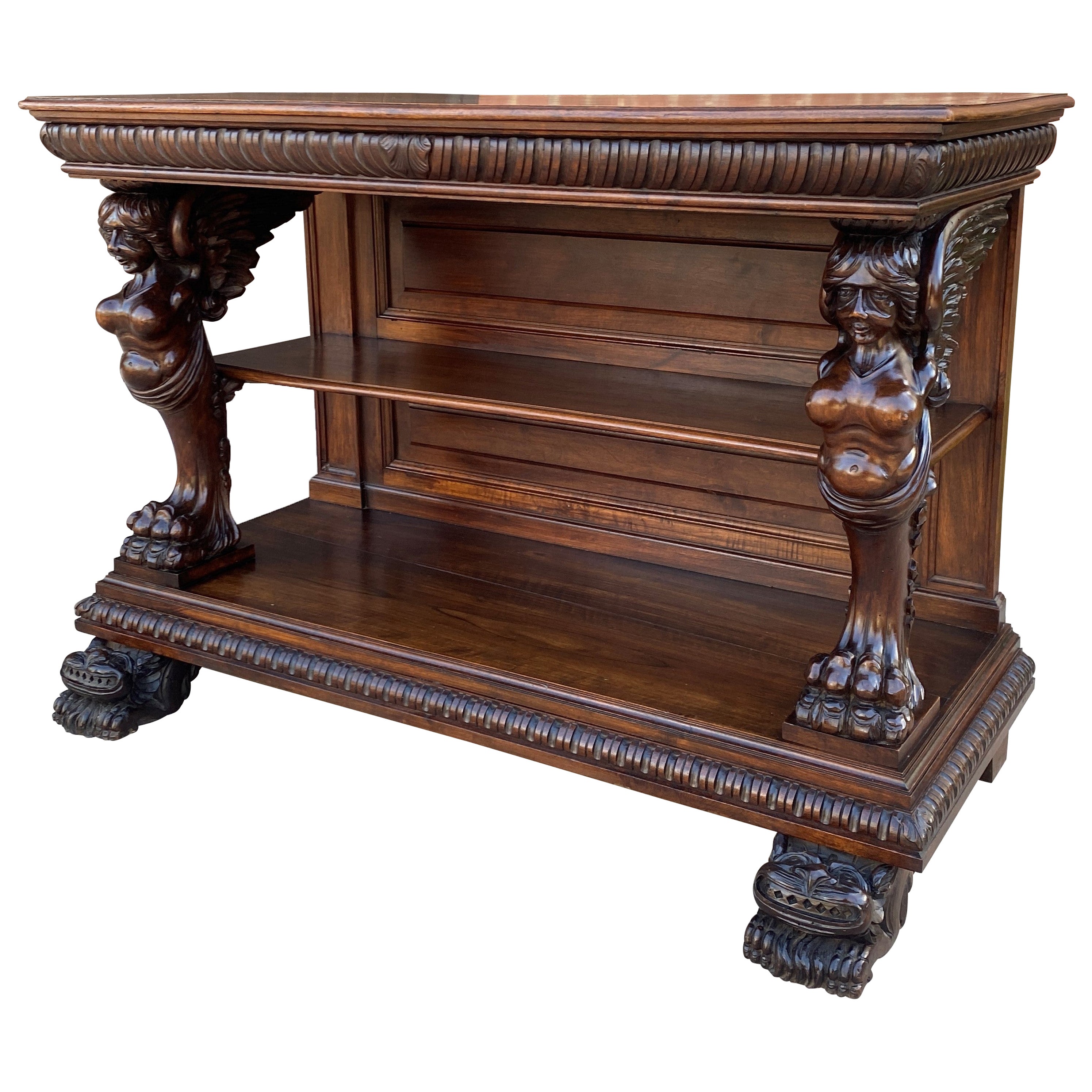 Antique French Gothic Console Table Server Sideboard 2-Tier Walnut Winged Figure For Sale