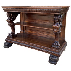 Ancienne table console gothique française serveur buffet à 2 niveaux en noyer figure ailée