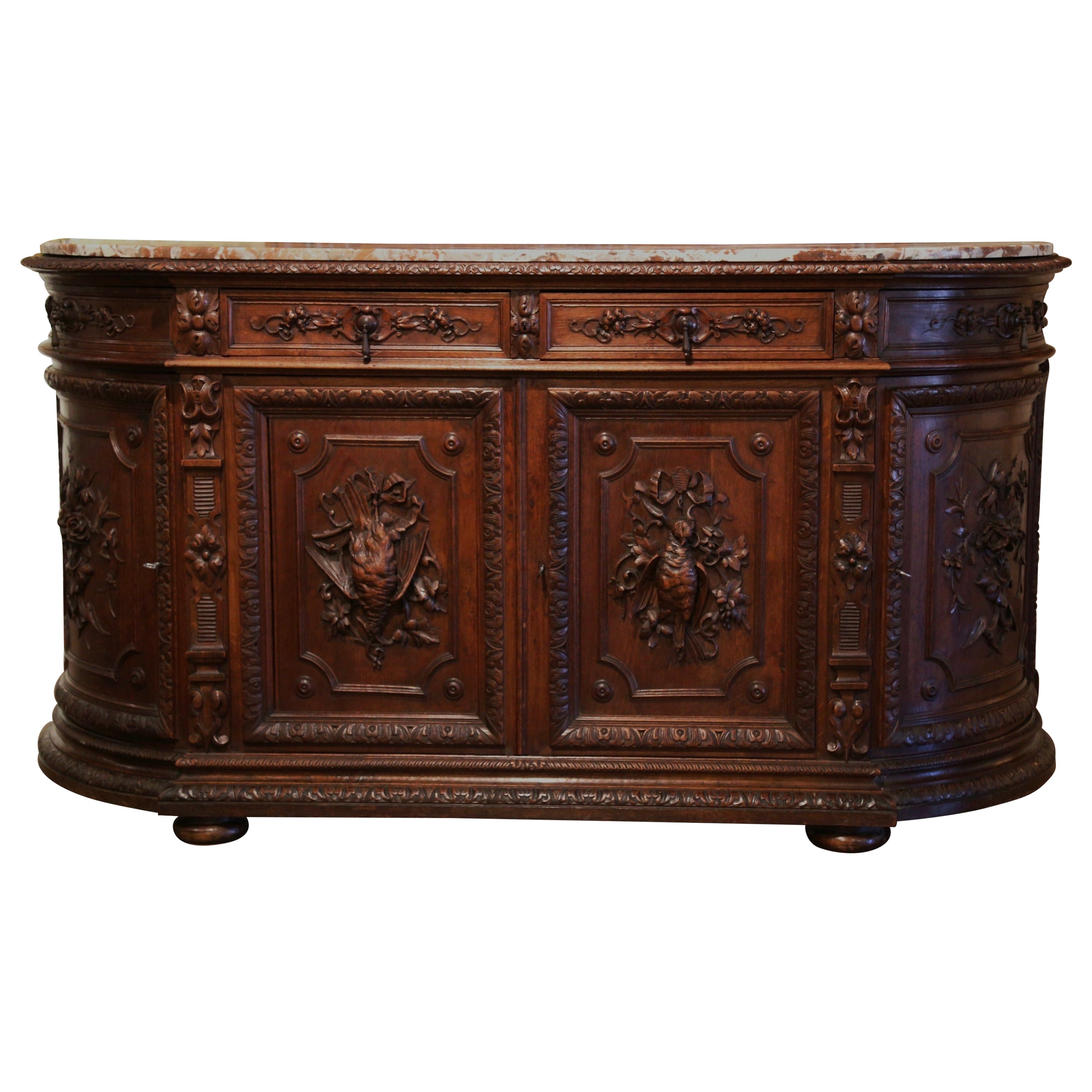 19th Century French Black Forest Marble Top Carved Oak Hunt Buffet Cabinet