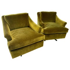 Mid-Century Modern Olive Green Velvet Swivel Chairs, a Pair New Upholstery