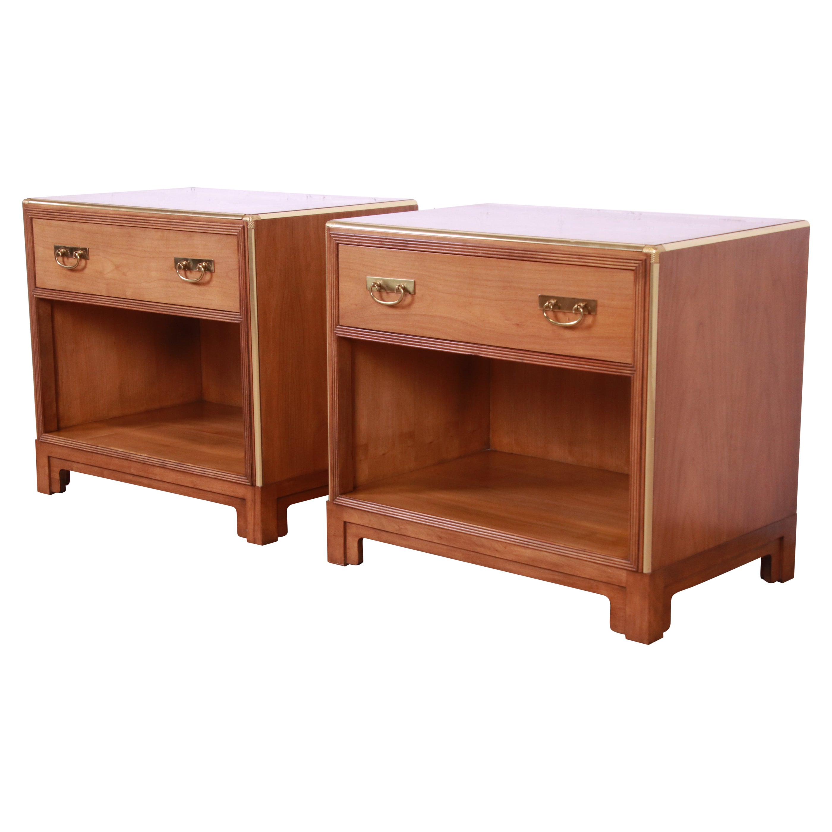 Michael Taylor for Baker Mid-Century Modern Cherry and Brass Nightstands, Pair