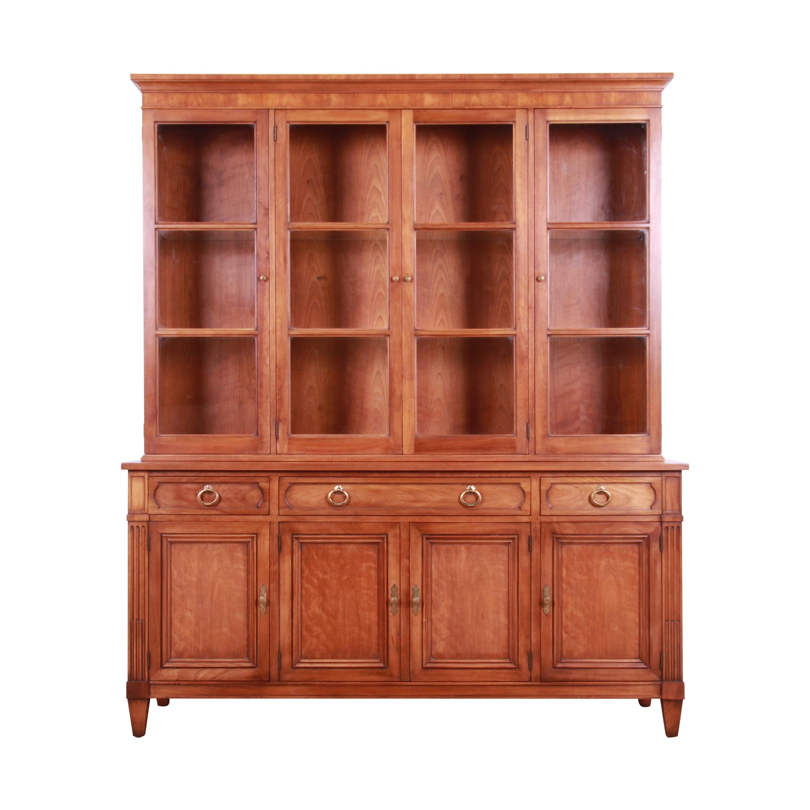 Kindel Furniture Mid-Century French Regency Cherry Breakfront Bookcase Cabinet For Sale