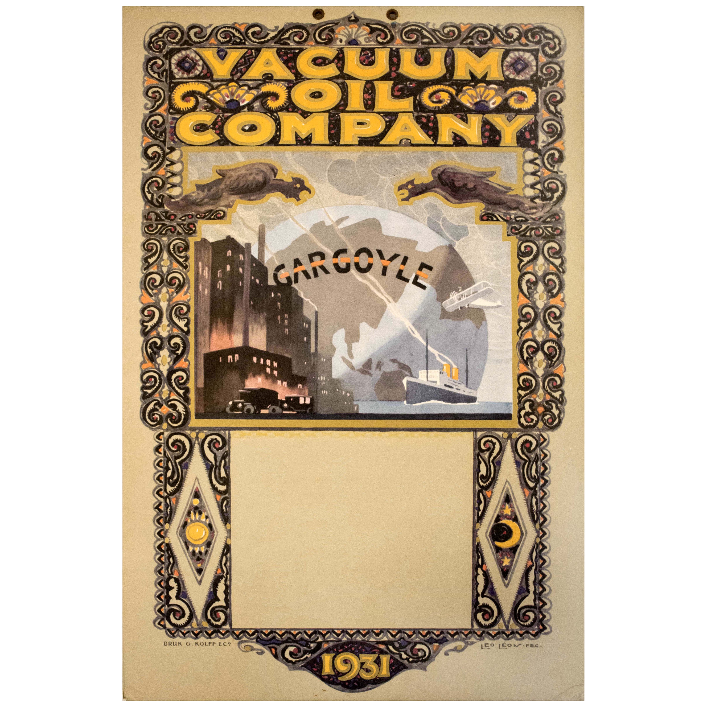 Original Vintage Poster Vacuum Oil Company Gargoyle 1931 Classic Car Plane Ship For Sale