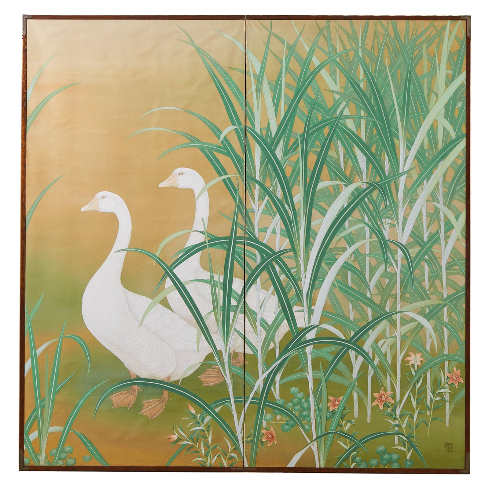 Japanese Meiji Two Panel Screen Geese and Reeds  For Sale