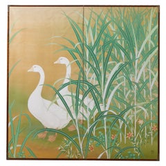 Biombo japonés Meiji de dos paneles Gansos y juncos