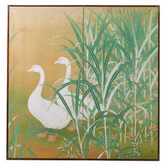 Japanese Meiji Two Panel Screen Geese and Reeds 