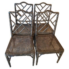 Vintage Set 4 Faux Bamboo Chinese Chippendale Tortoise Shell Side Dining Chairs