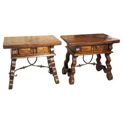 Pair of Carved Fruitwood and Wrought Iron Spanish Side Tables, 20th Century