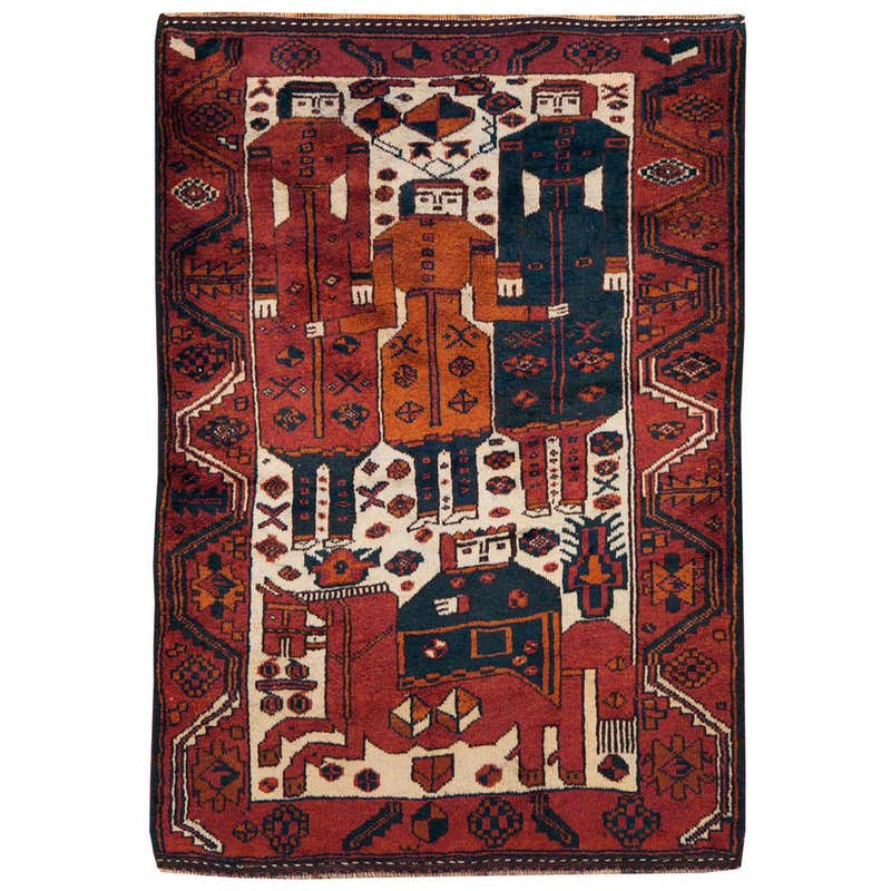 Mid-20th Century Handmade Tribal Folk Persian Pictorial Kurdish Accent ...
