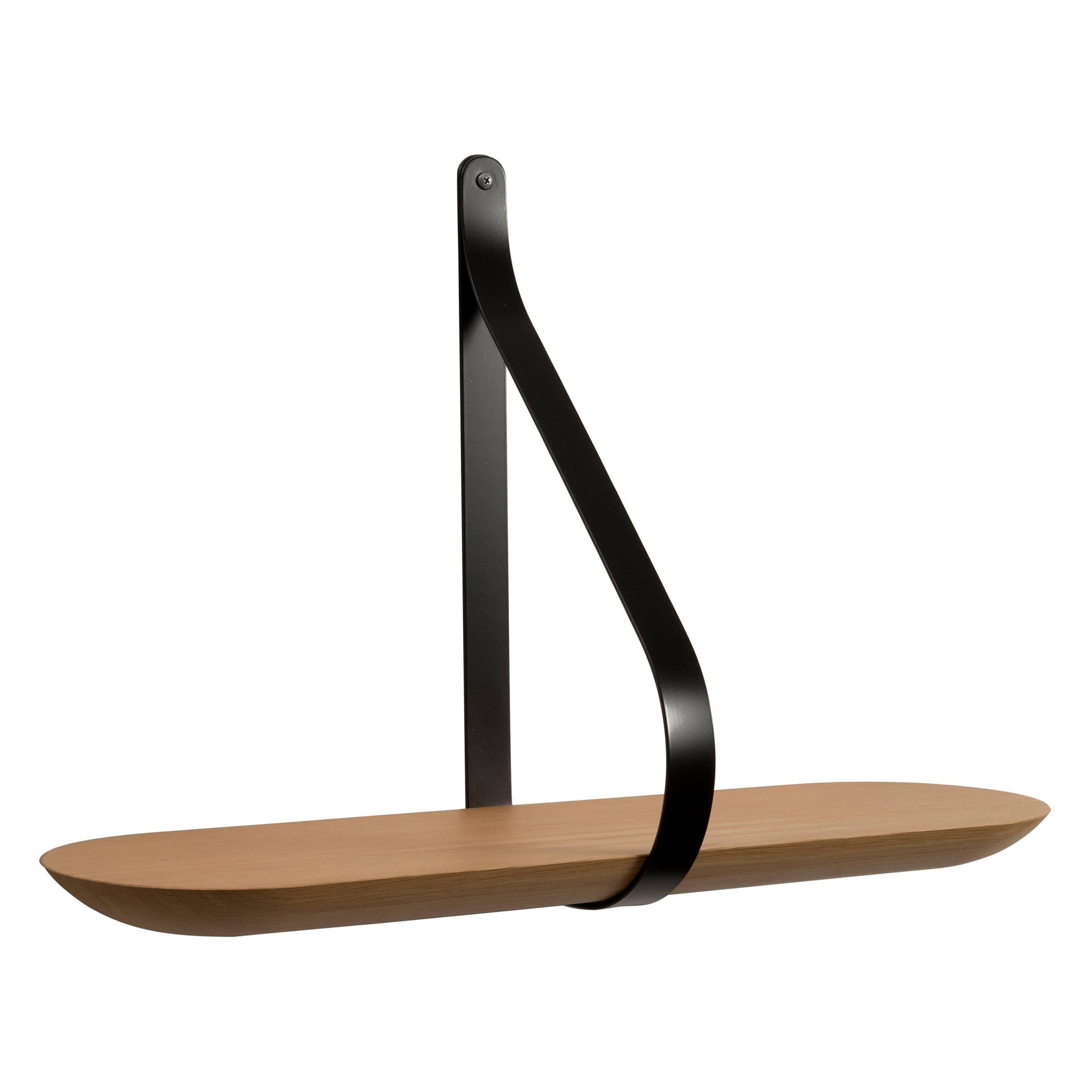 Libra Shelf, Minimalist Wall Shelf in Solid Oak and Black Metal Stirrup