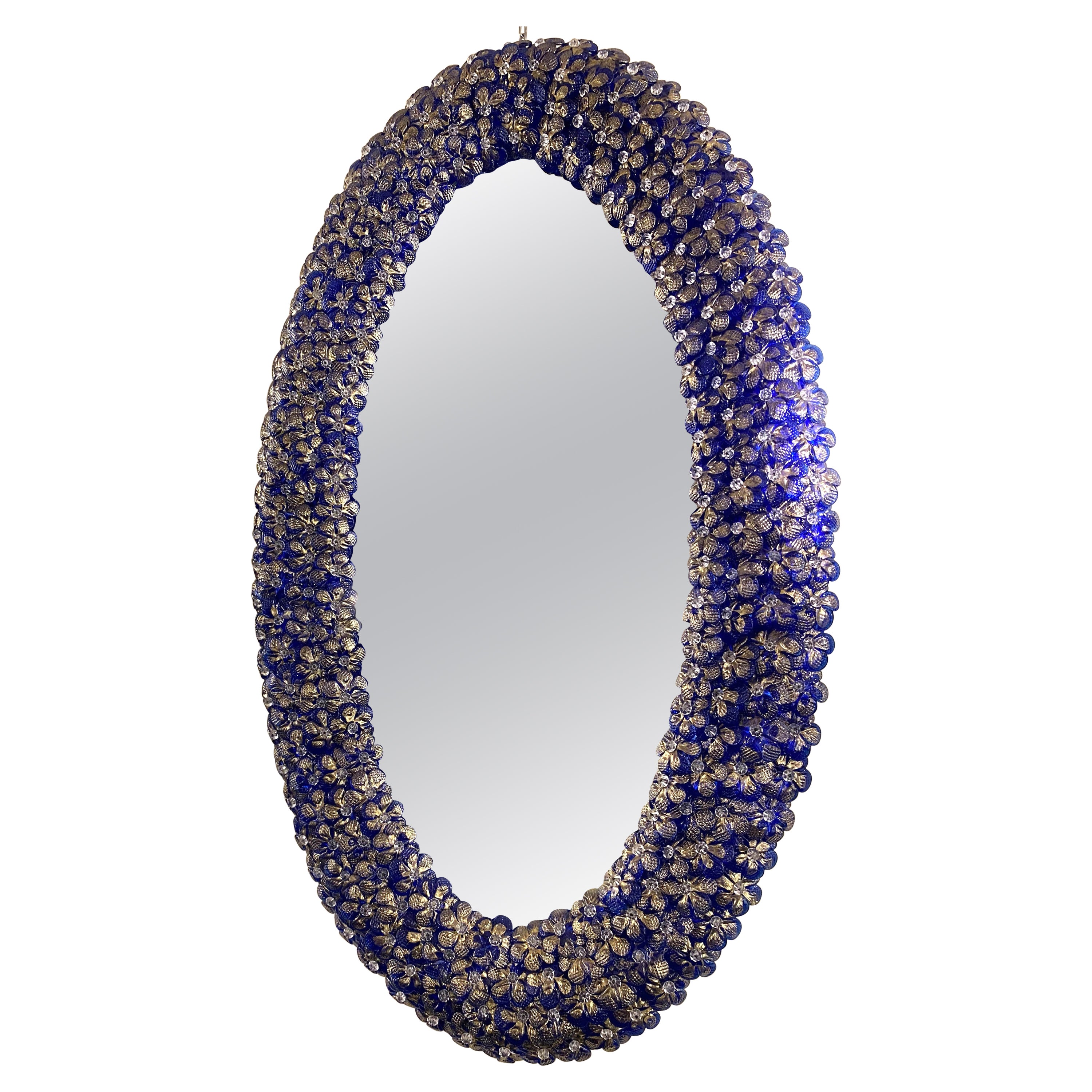 Oval Shaped Delicious Blu Flower Murano Glass Mirror For Sale