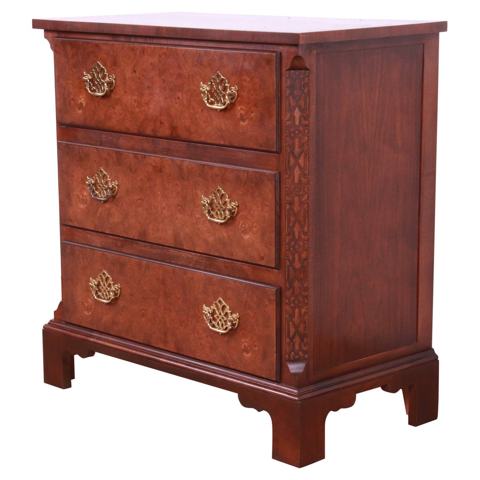 Baker Furniture Chippendale Burled Walnut Bachelor Chest