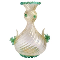 Barovier Toso Murano Green Roses Gold Flecks Italian Art Glass Flower Vase