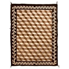 Tapis Navajo vintage, motif optique en forme de bloc de décomposition, vers les années 1930, brun et blanc