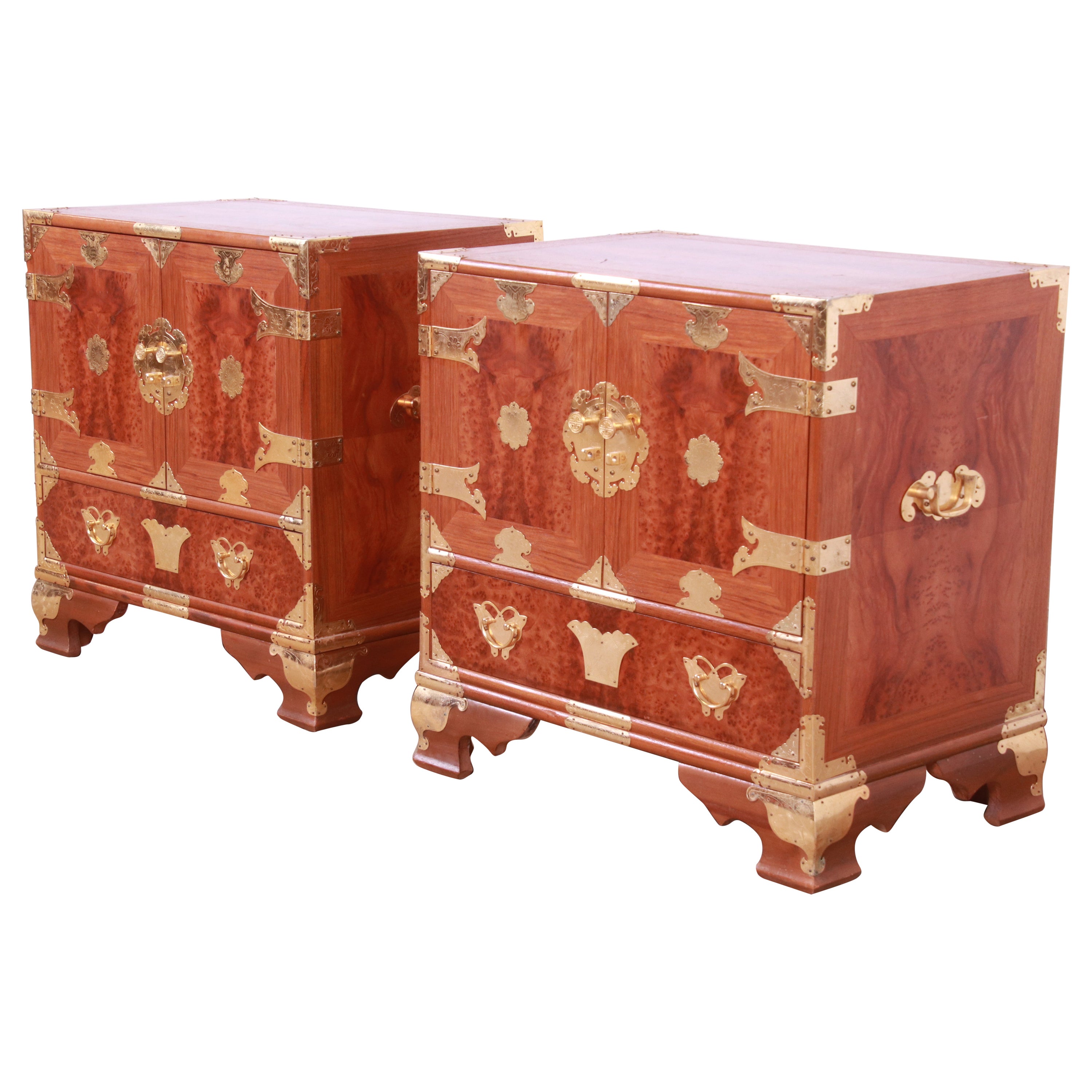 Mid-Century Hollywood Regency Chinoiserie Burl Wood and Brass Nightstands, Pair