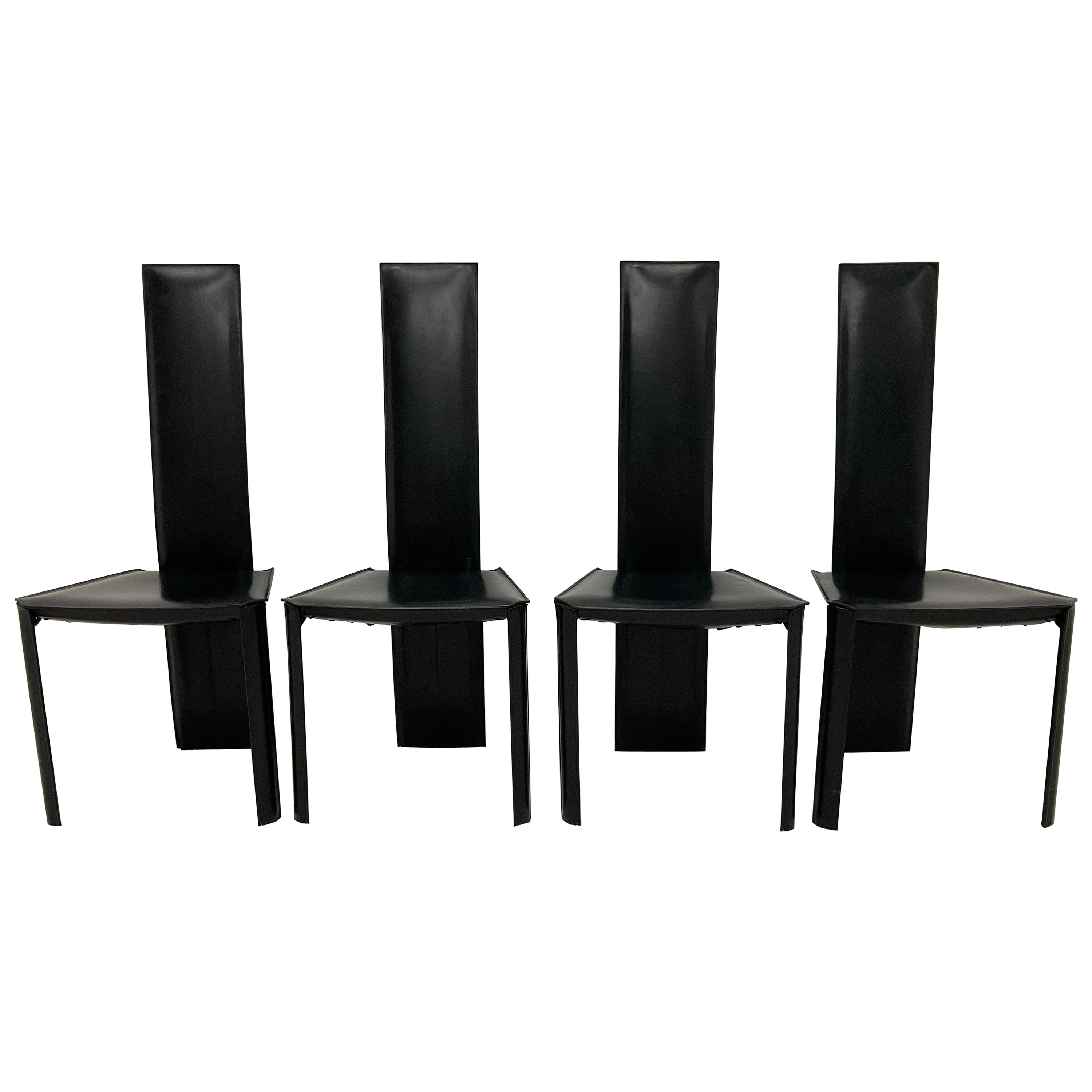 Postmodern Brazilian Modern De Couro Black Leather Dining Chairs, Set of Four For Sale