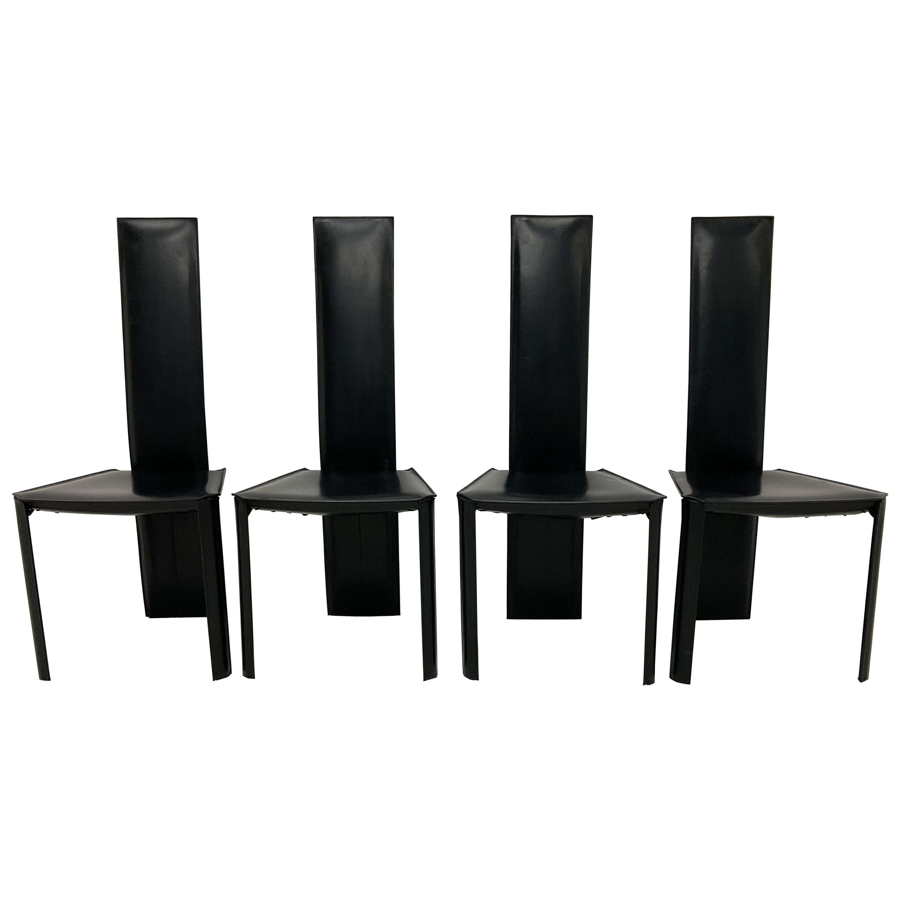 Postmoderno Brasileño Moderno De Couro Sillas de Comedor de Cuero Negro, Juego de Cuatro