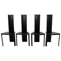 Postmodern Brazilian Modern De Couro Black Leather Dining Chairs, Set of Four