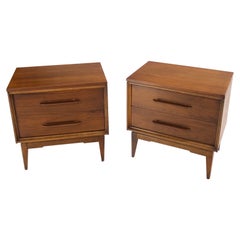 Pair of Two Drawers Walnut Mid Century Bracket Leg End Tables Nightstands Mint