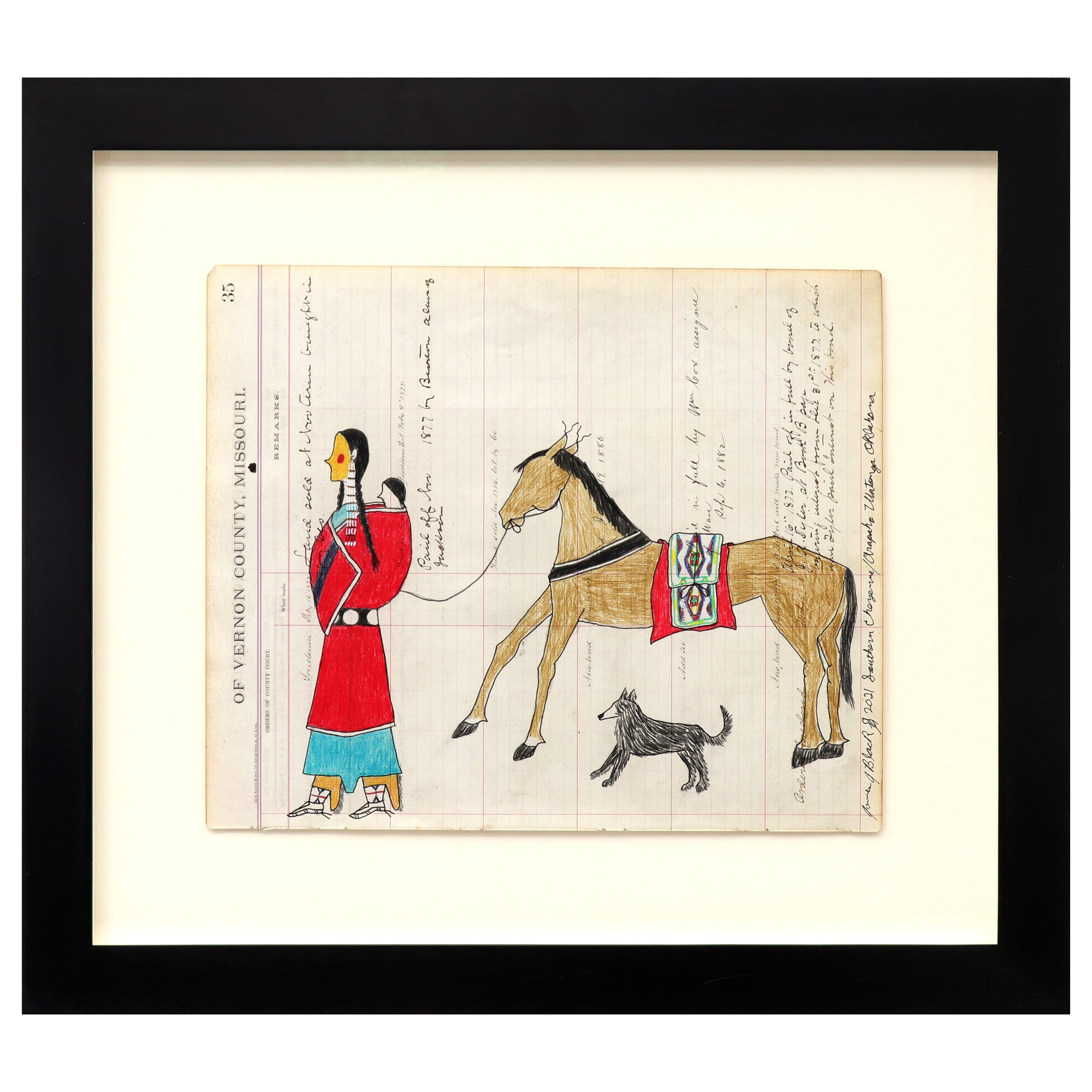 Cheyenne Woman with Baby, Horse, and Dog, Native American Ledger Art Drawing
