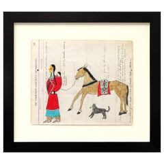 Used Cheyenne Woman with Baby, Horse, and Dog, Native American Ledger Art Drawing