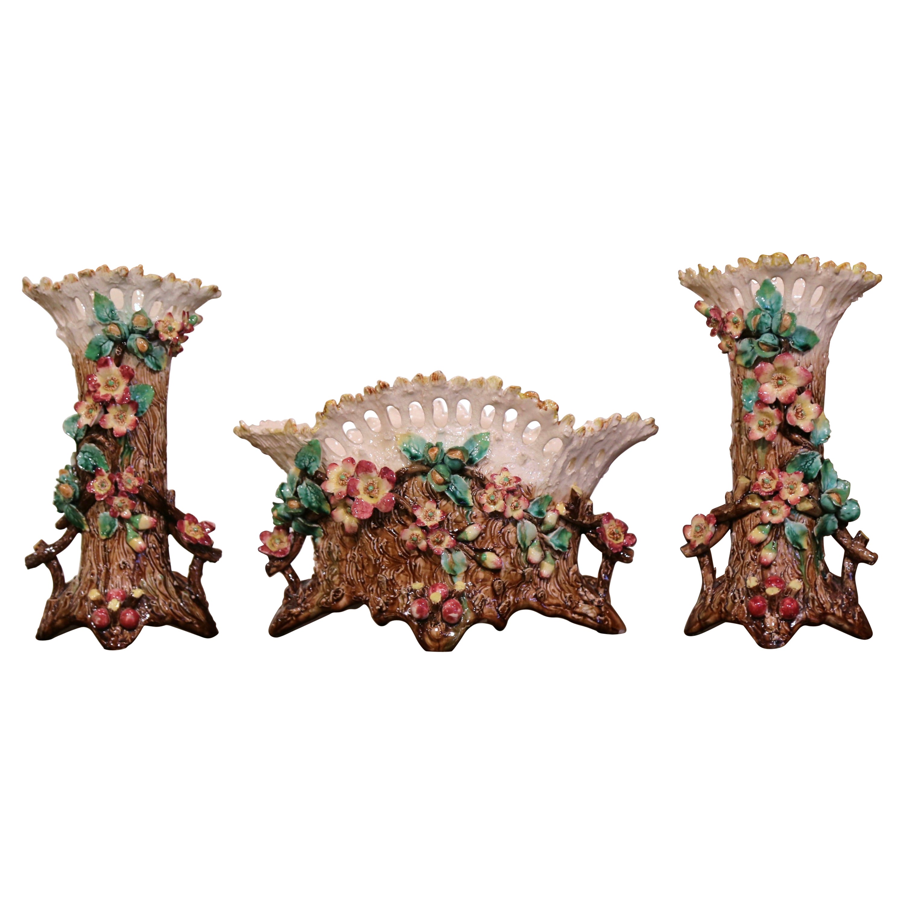 19th Century French Barbotine Cache Pot and Vases with Floral Motifs, Set of 3 For Sale
