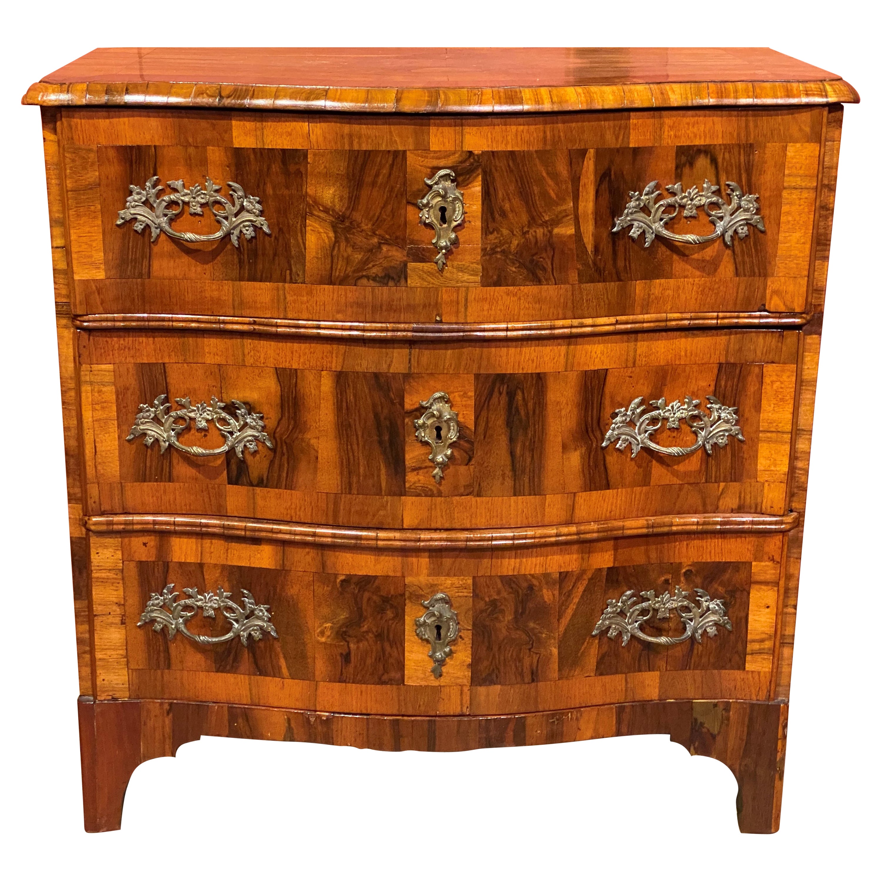18th C French Walnut 3-Drawer Serpentine Commode with Original Rococo Hardware