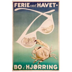 Original Vintage Travel Poster Seaside Vacation Ferie Ved Havet Bo I Hjorring