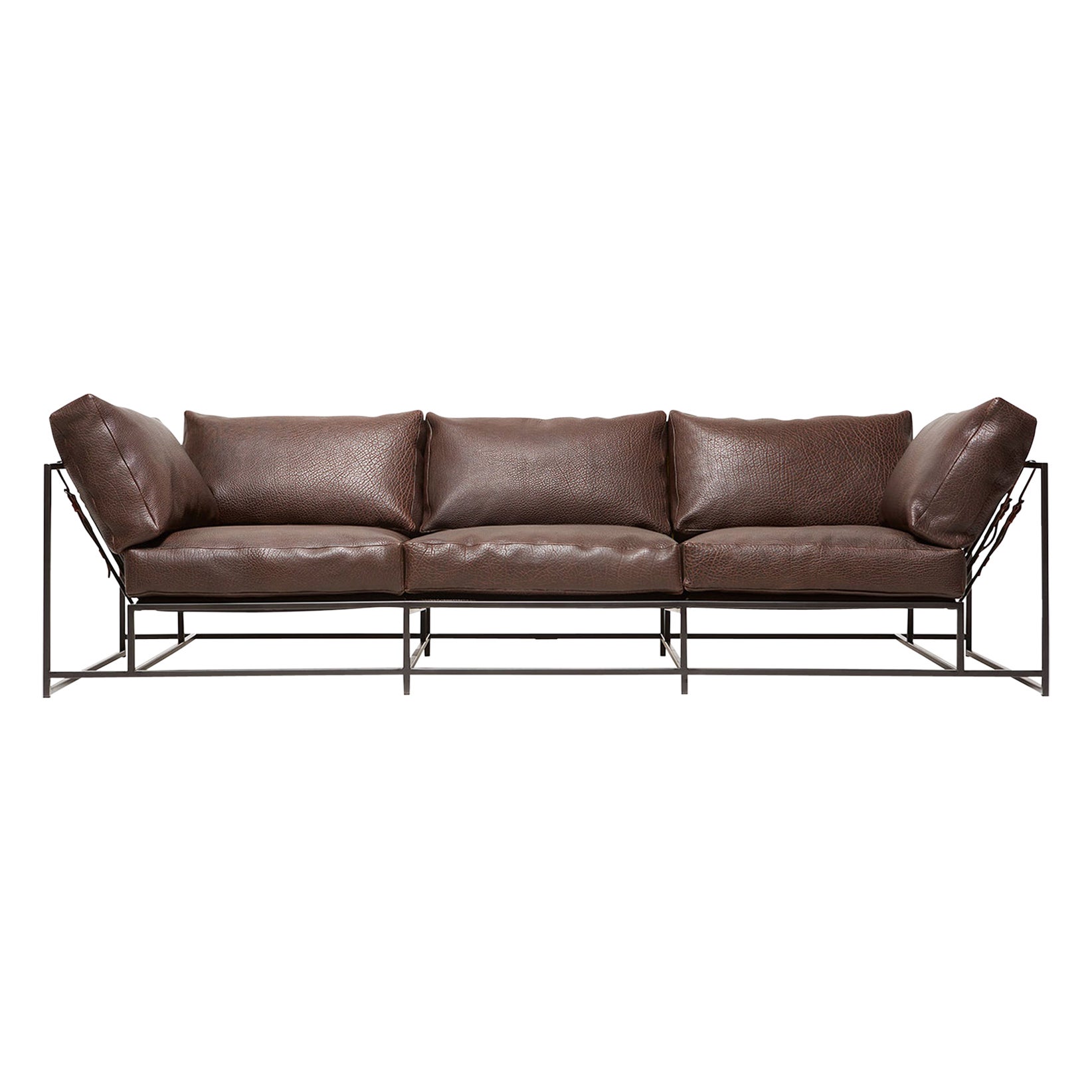 Brown Bison Leather and Blackened Steel Sofa For Sale