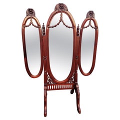 Victorian Style Carved Mahogany Triptych Full Length Floor Mirror