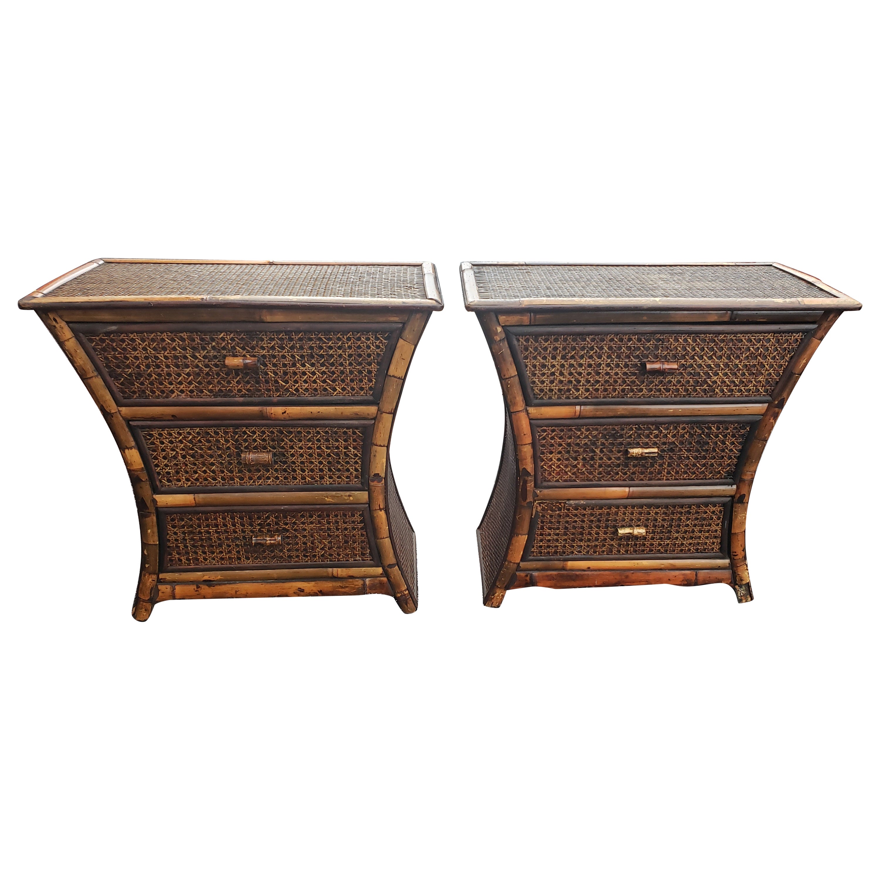 Vintage Bamboo and Wicker Side Tables Nightstands, circa 1940s, a Pair
