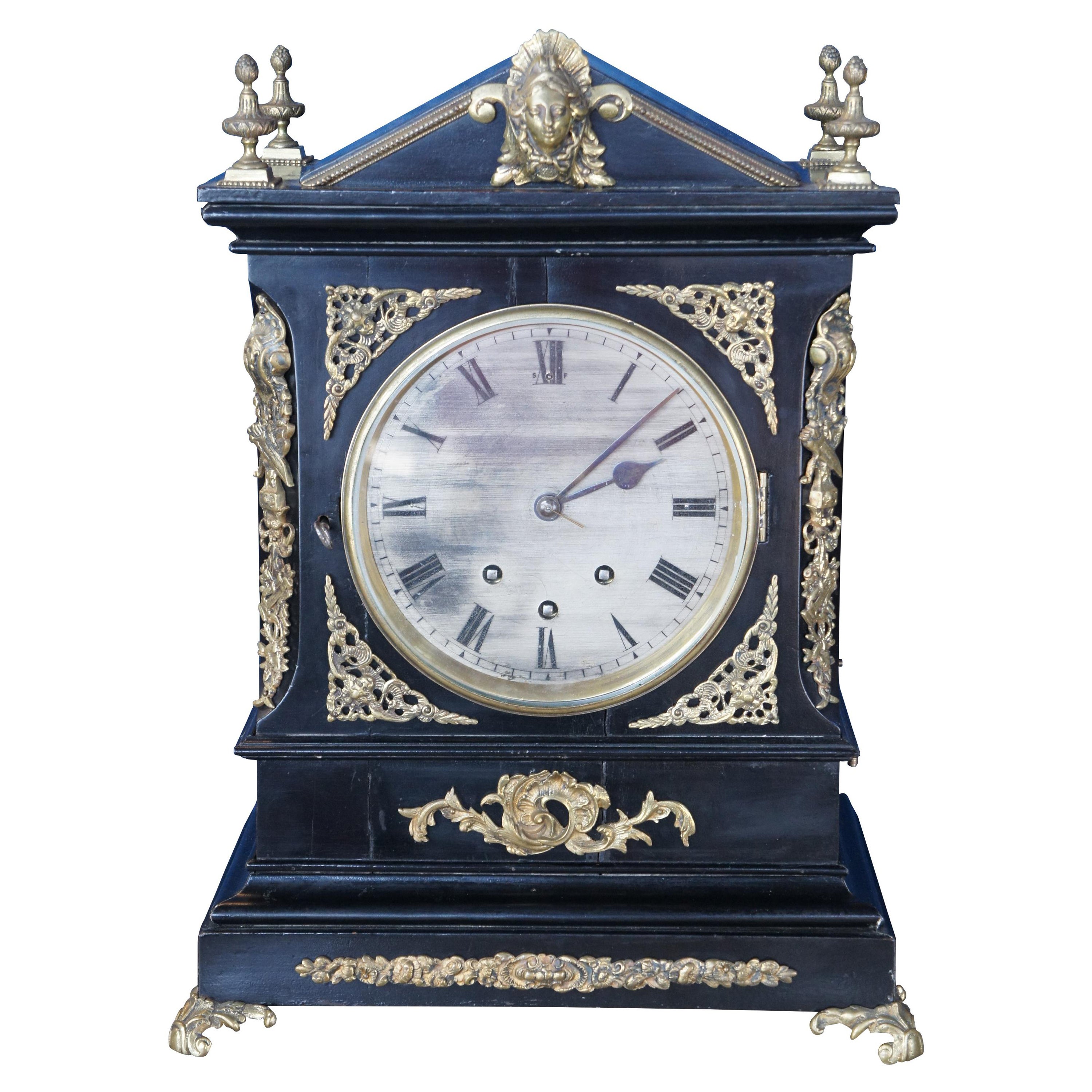 Monumental Antique English Georgian Ebonized Bracket Clock Ormolu Mantel Shelf