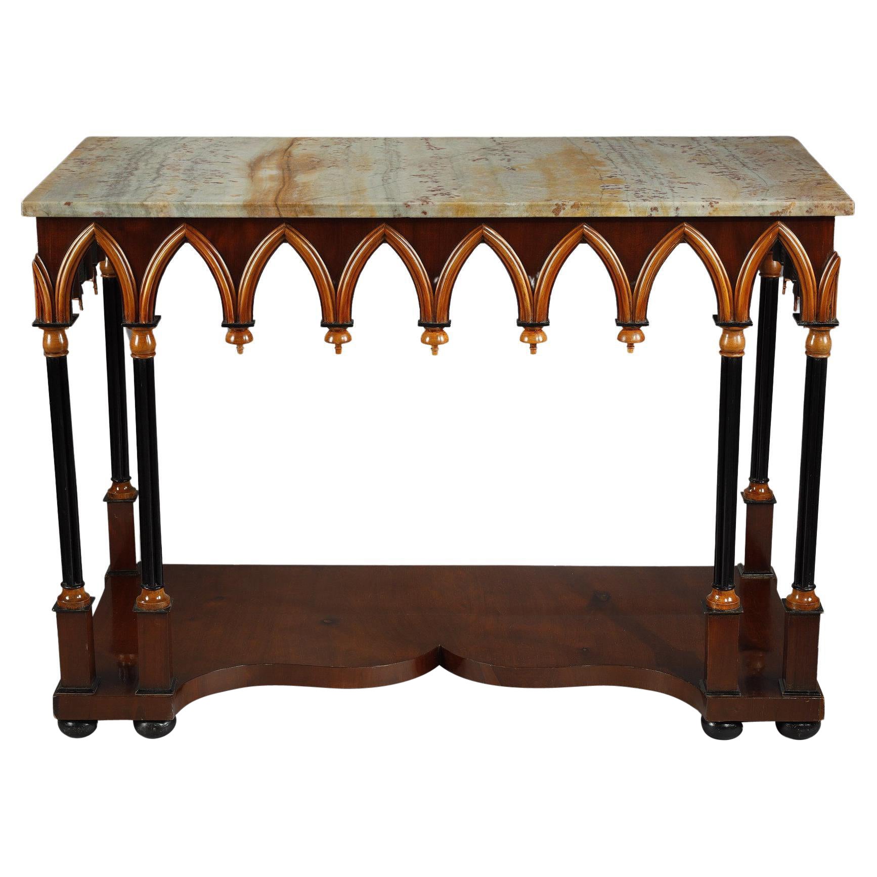 Neo-Gothic Wooden and Marble Console Table, France, circa 1830