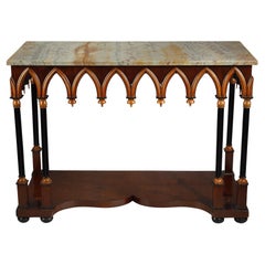 Antique Neo-Gothic Wooden and Marble Console Table, France, circa 1830