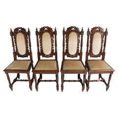 Antique Set of 4 French Renaissance Revival Hunting Style Chairs Carved Oak Black Forest